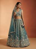 Shade of Teal Tissue Lahenga with Moti Embroidery
