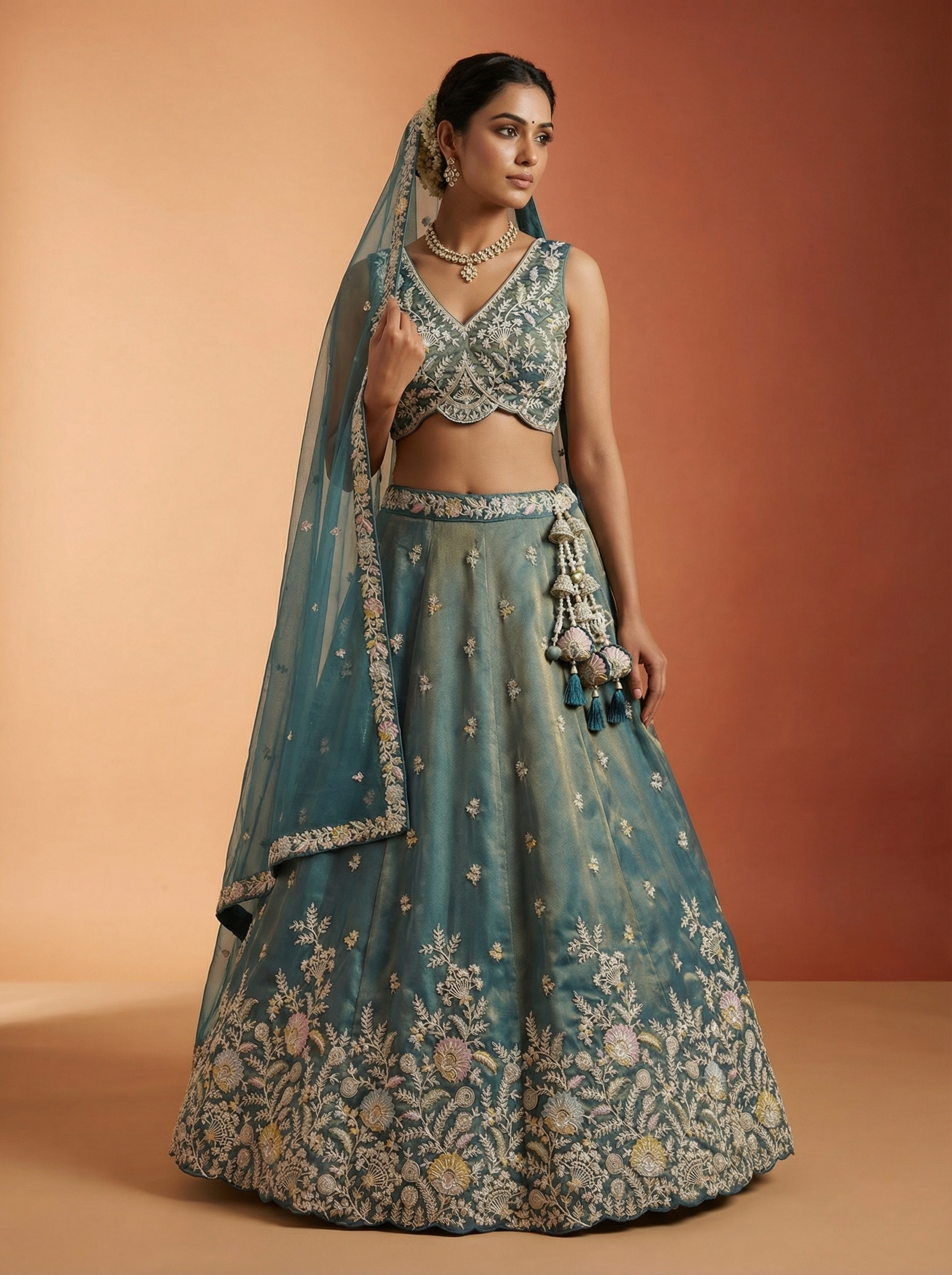 Shade of Teal Tissue Lahenga with Moti Embroidery