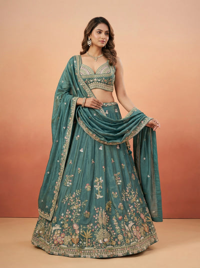 Rama Tissue Lahenga with Colourful Peacock Embroidery