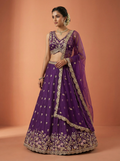 Magenta Chinnon Silk Lahenga With Motif Sequince Embroidery