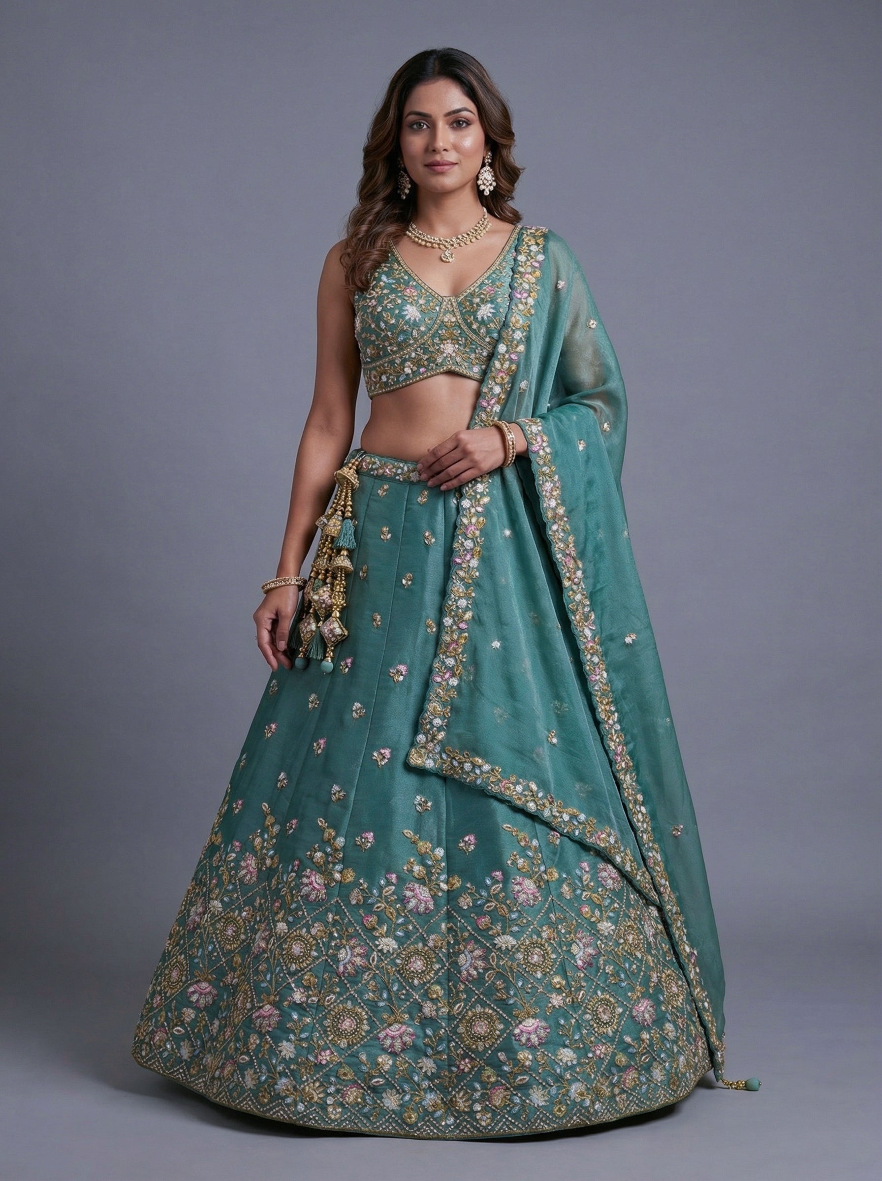 Sea Green Tissue Lahenga with Sequince Embroidery
