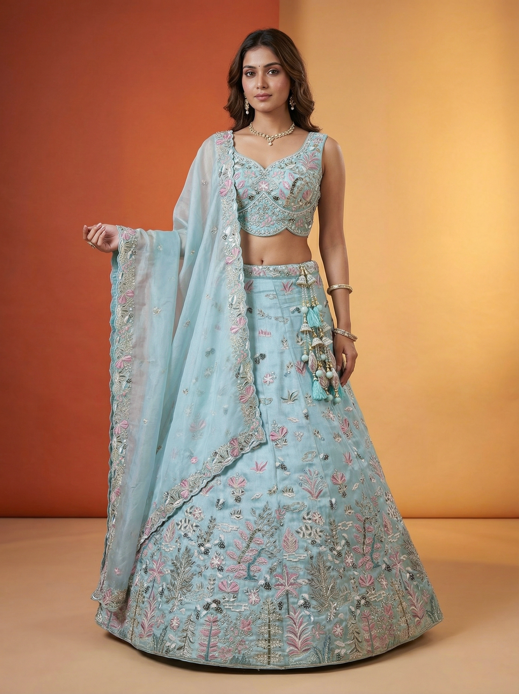 Light Blue Organza Lahenga with Swarovski Stone & Embroidery