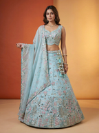Light Blue Organza Lahenga with Swarovski Stone & Embroidery