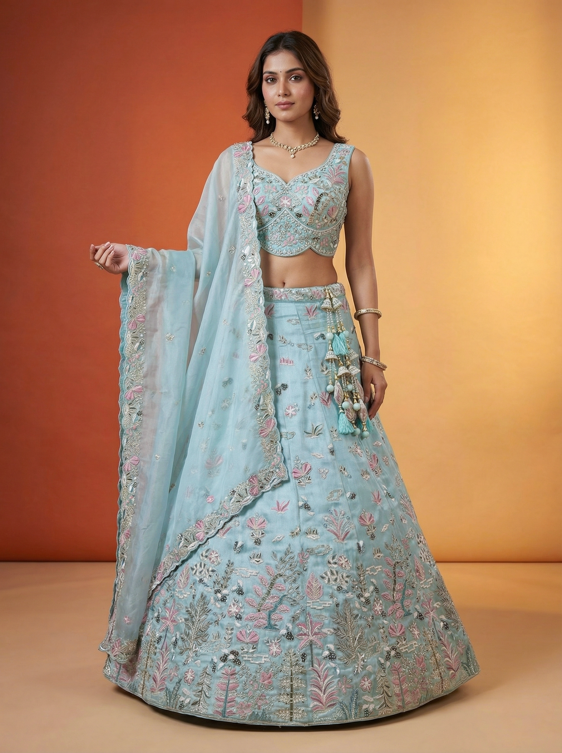 Light Blue Organza Lahenga with Swarovski Stone & Embroidery