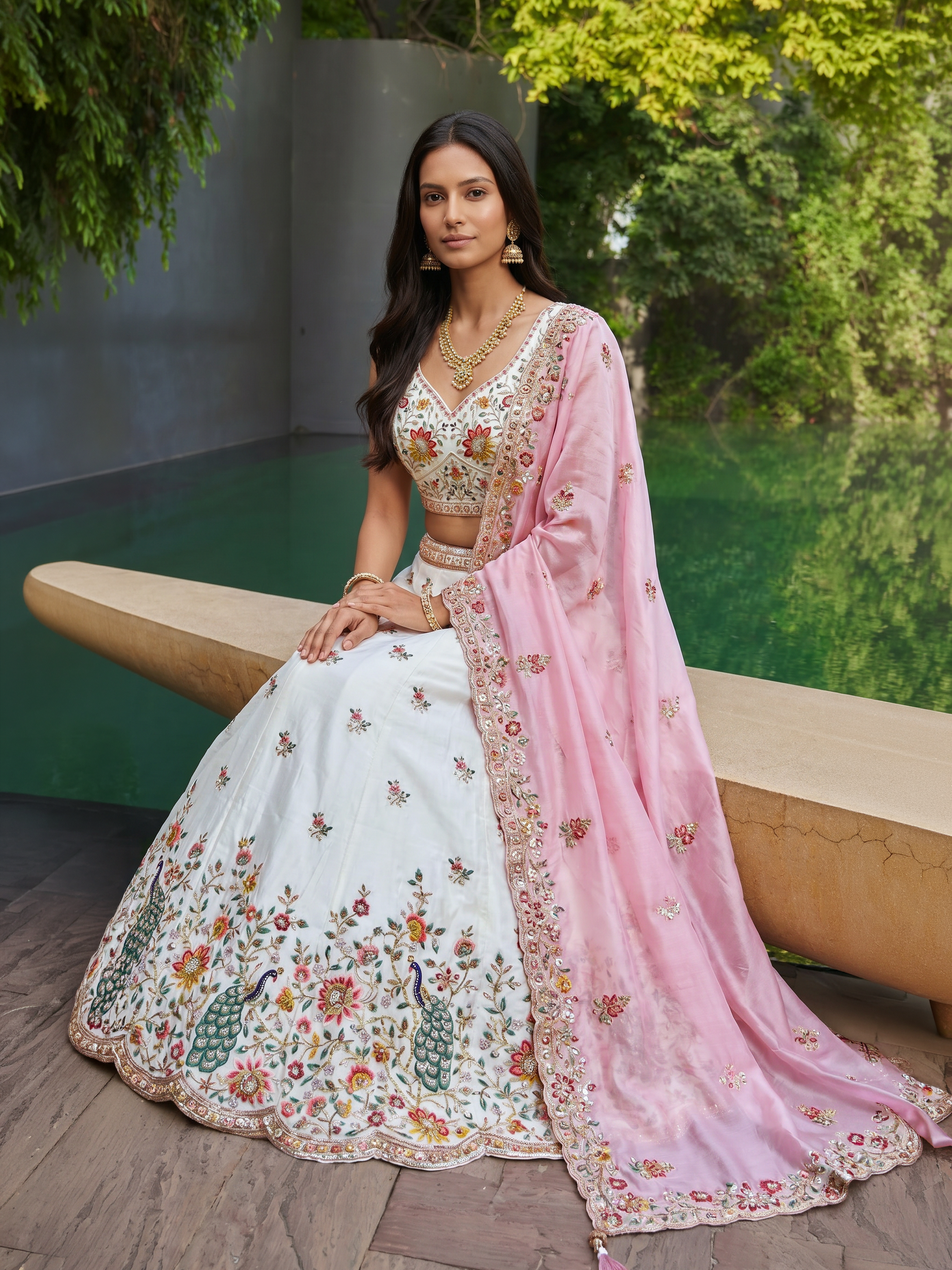 Cream & Pink Organza Lahenga with Zarkan & Sequince Embroidery