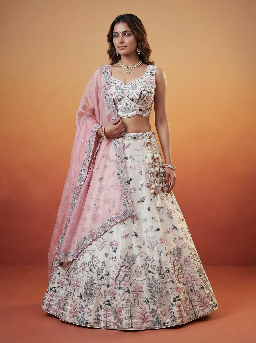 White & Pink Organza Lahenga with Swarovski Stones & Embroidery
