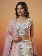 White & Pink Organza Lahenga with Swarovski Stones & Embroidery