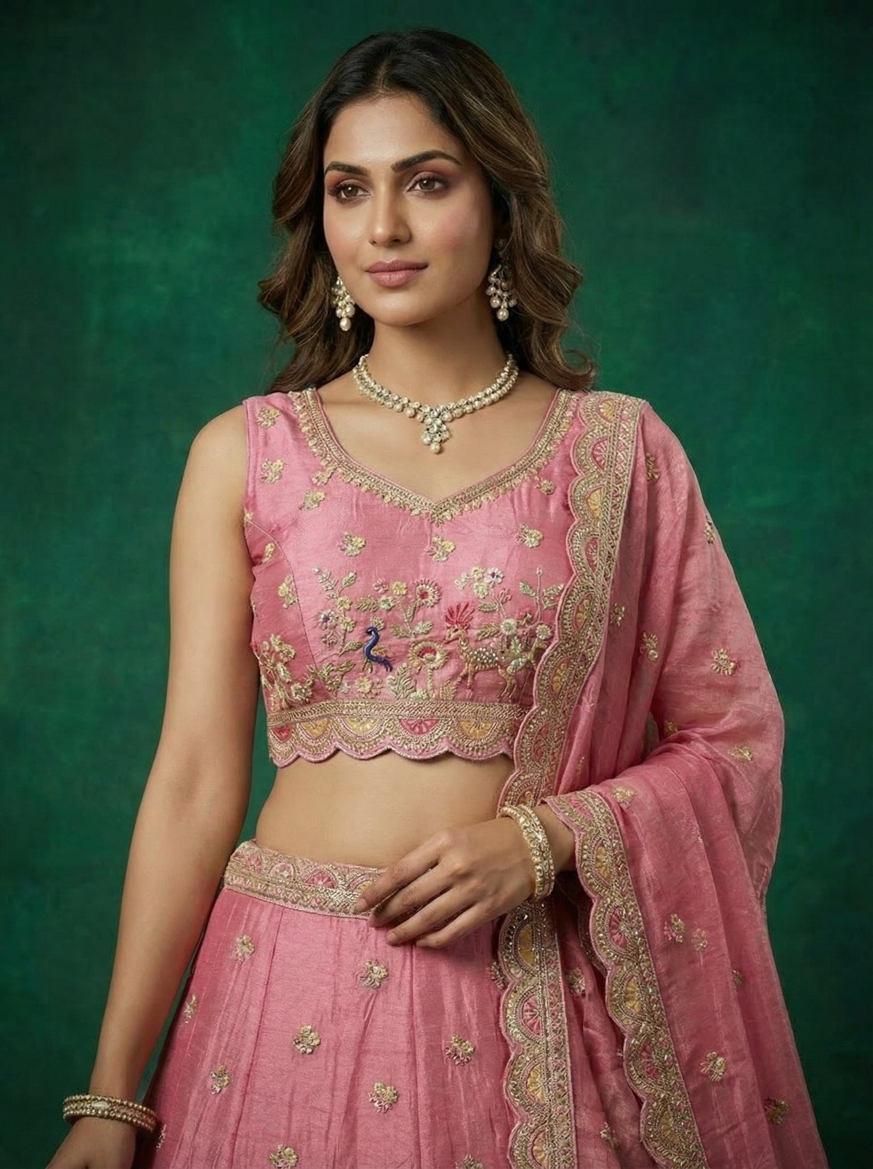 Pink Tissur Lahenga with Zarkan Embroidery
