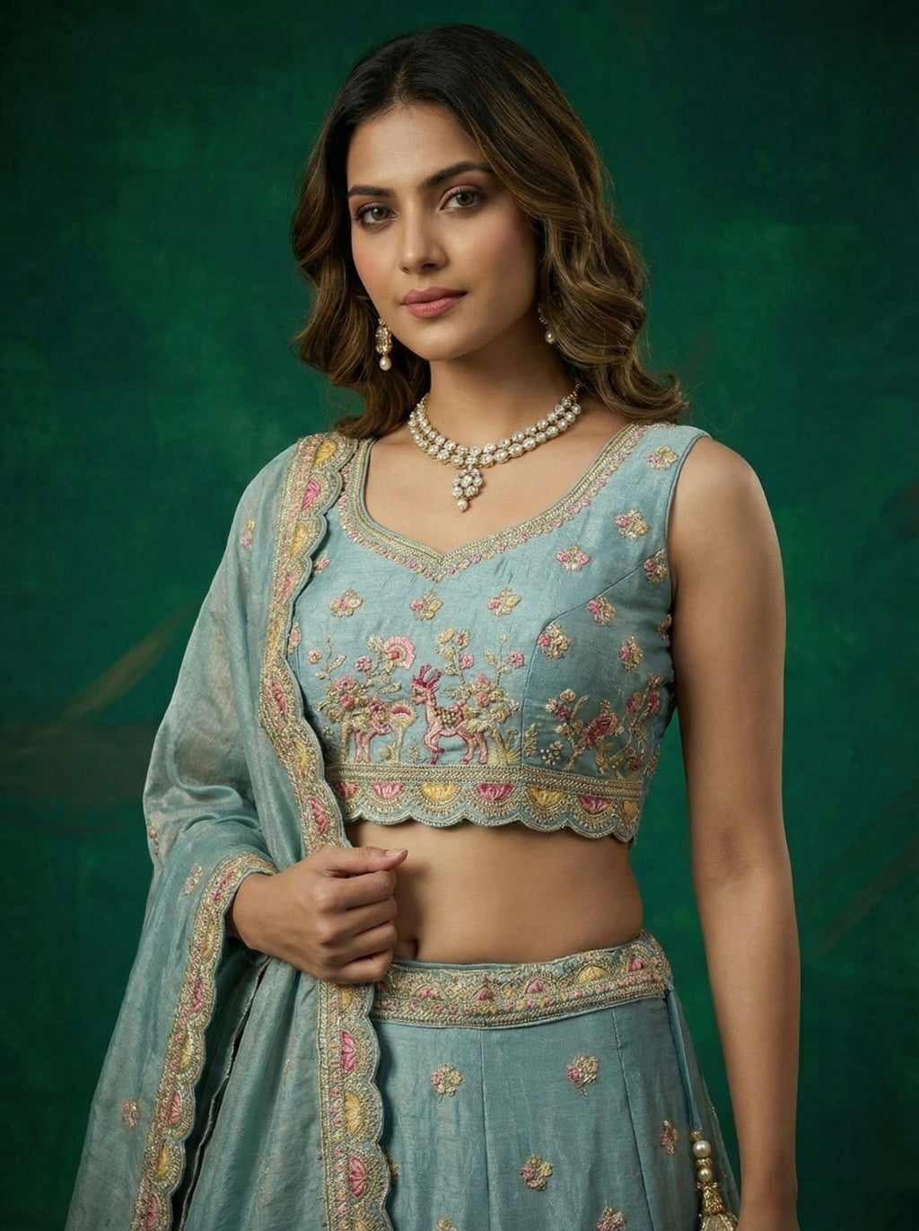 Turquoise Tissue Lahenga with Zarkan Embroidery