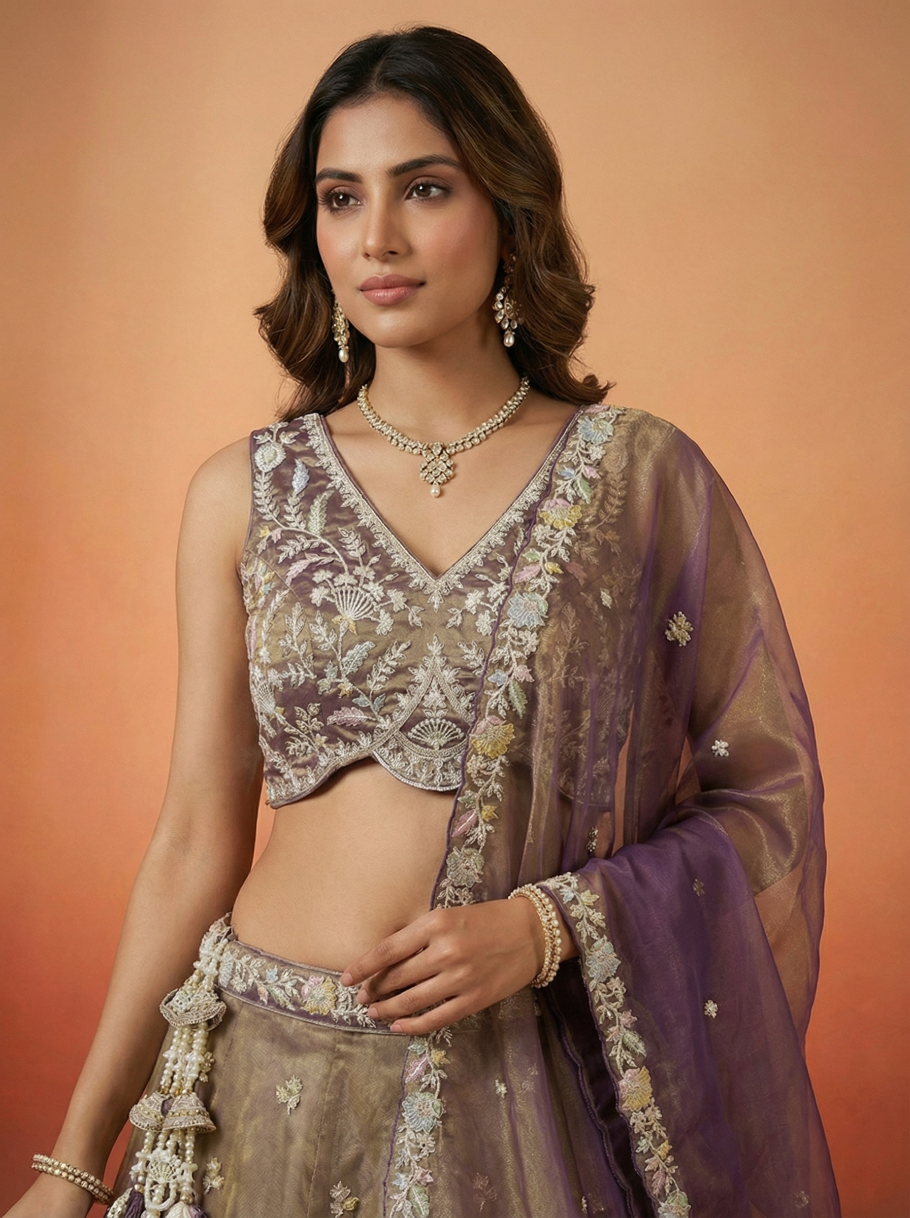 Shade of Purple Tissue Lahenga with Moti Embroidery