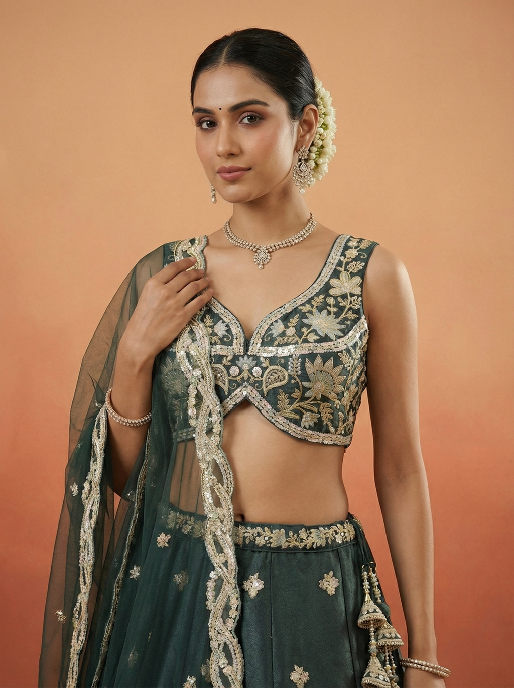 Dark Green Tissue Lahenga with Beads Embroidery