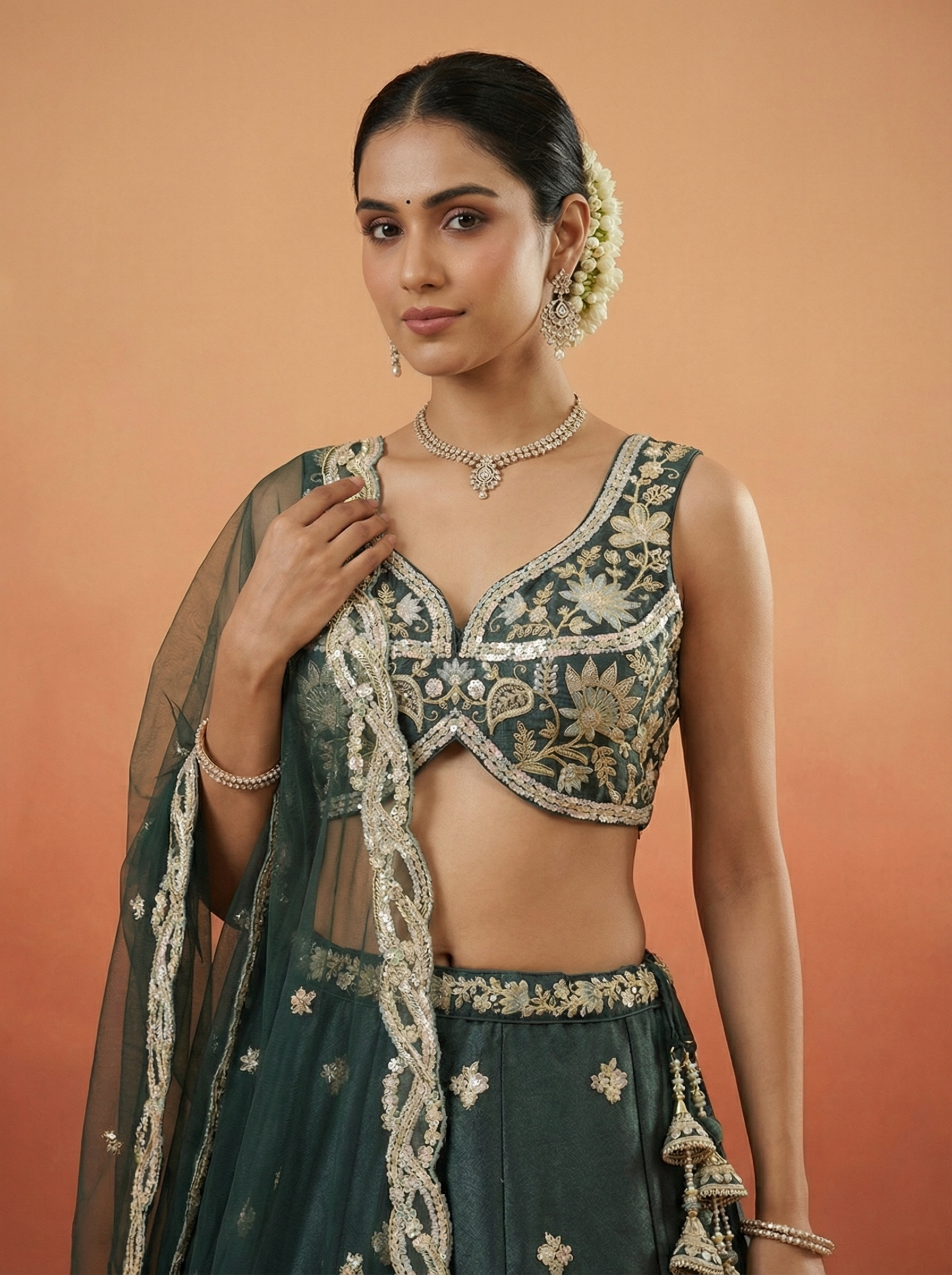 Dark Green Tissue Lahenga with Beads Embroidery