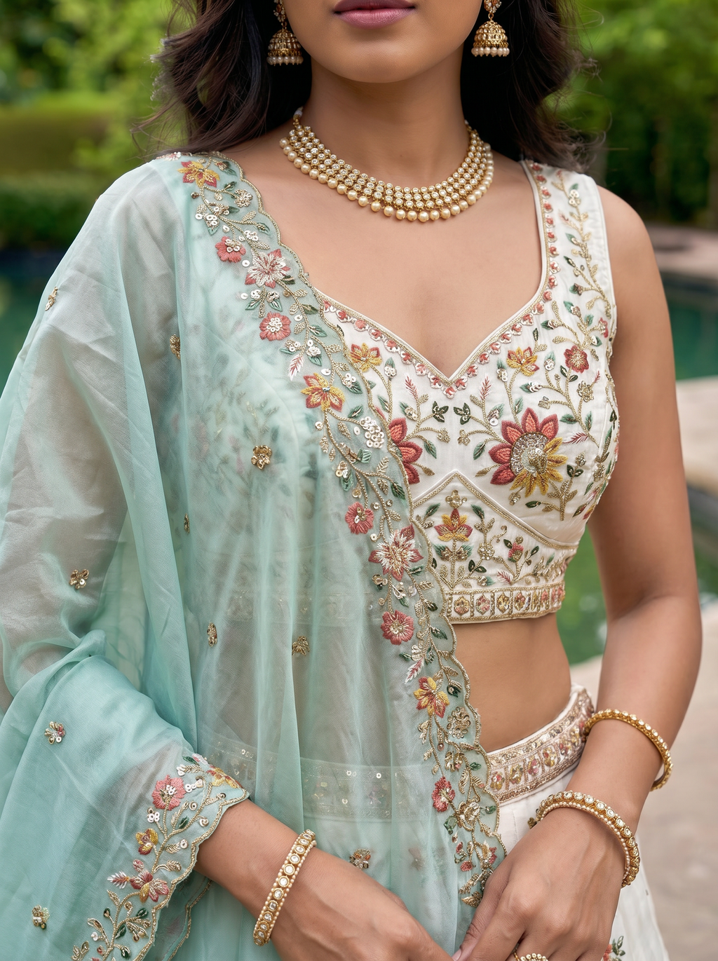 Cream & Blue Organza Lahenga with Zarkan & Sequince Embroidery