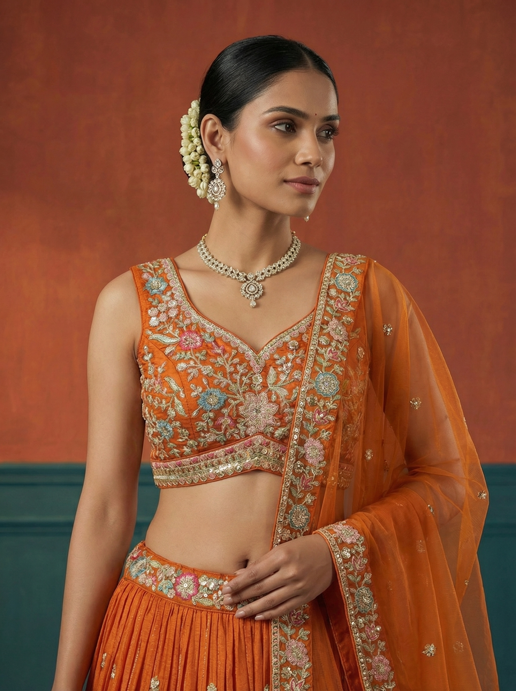 Orange Georgette Lahenga with Sequince Embroidery
