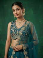 Teal Blue Chinnon Lahenga With Moti Sequence Embroidery