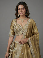 Beige Golden Tissue Lahenga with Beads Embroidery