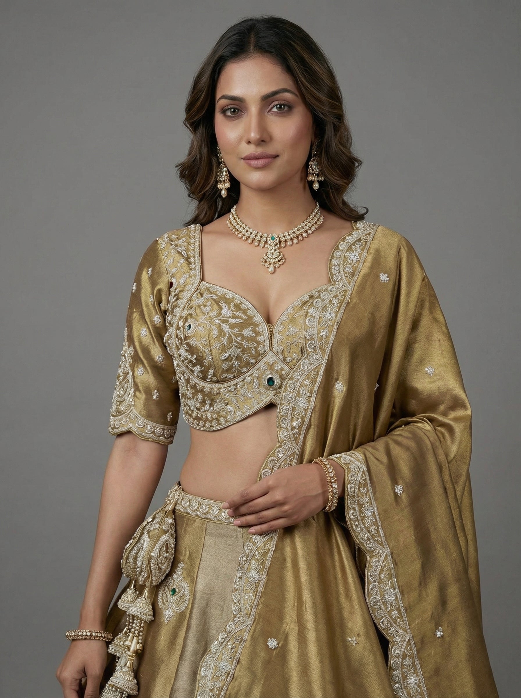 Beige Golden Tissue Lahenga with Beads Embroidery