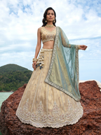 Teal Green Tissue Lahenga with Beads & Zari Embroidery
