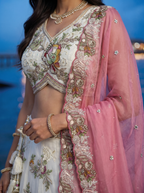 Off-White Tissue Lahenga with Woolen Embroidery