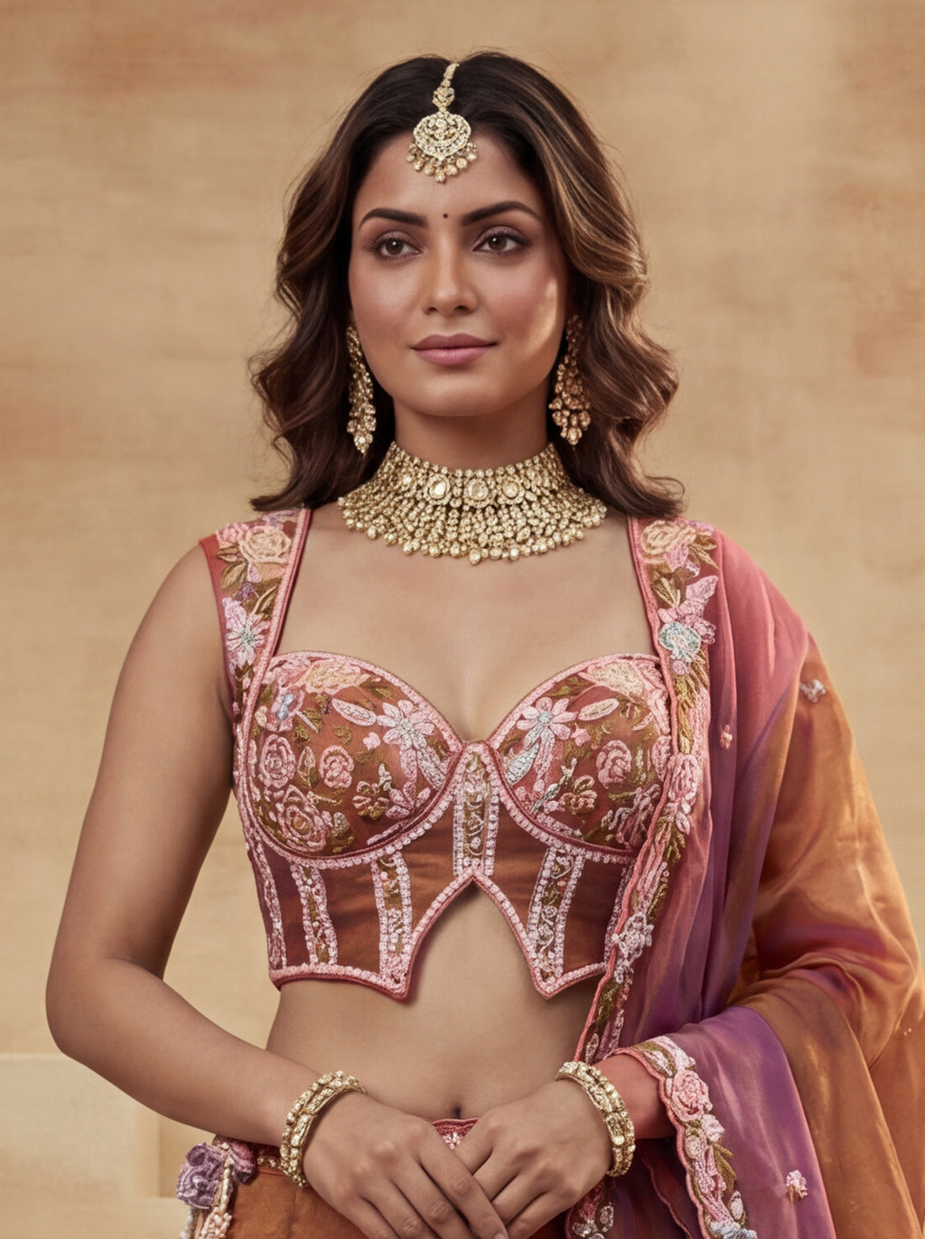 Rust colour Tissue Lahenga with Moti Embroidery