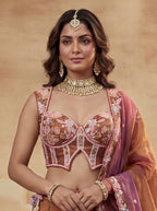 Rust colour Tissue Lahenga with Moti Embroidery