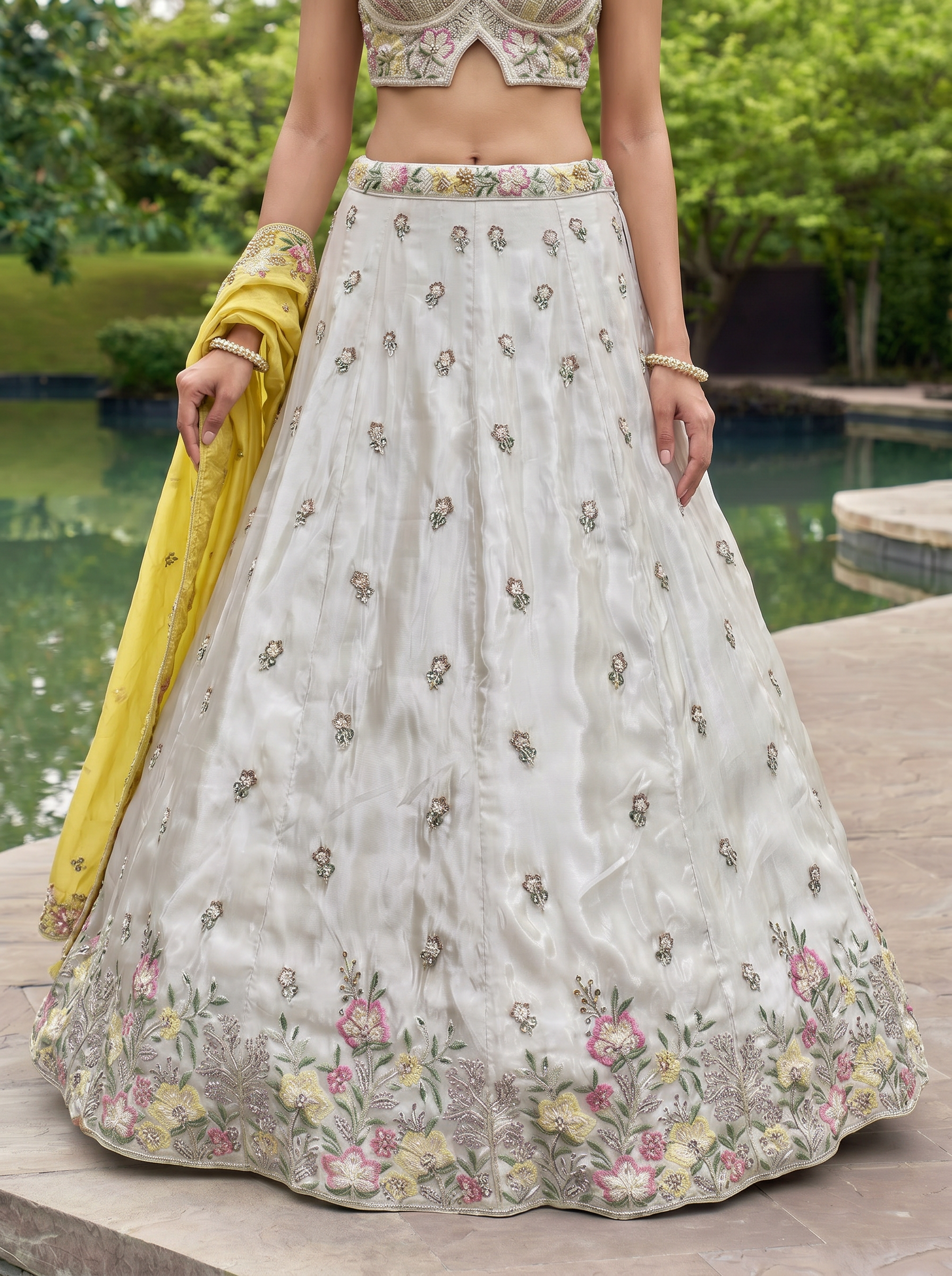 Grey & Mustard Chiffon Lahenga with Sequince Embroidery