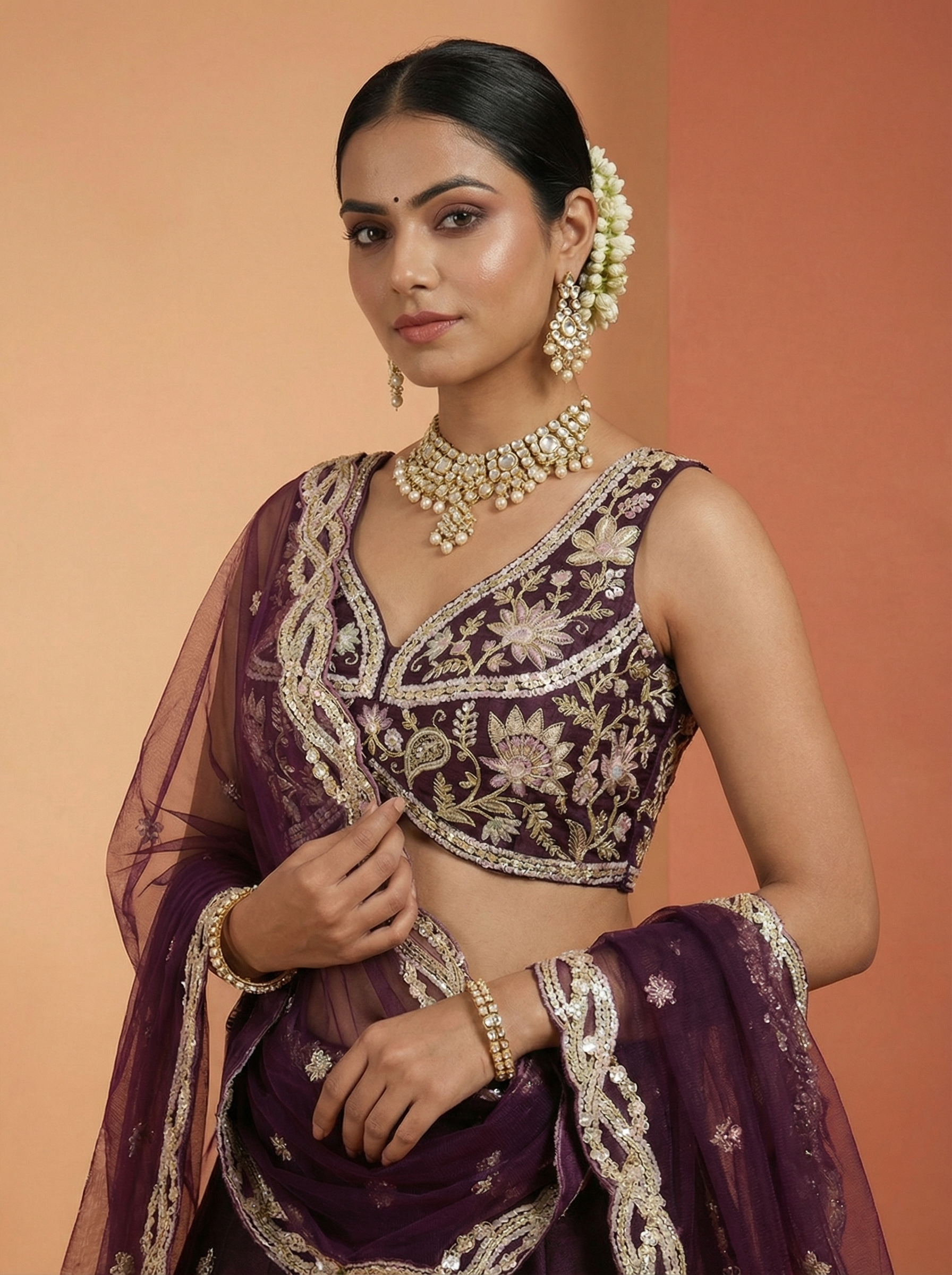 Wine Tissue silk Lahenga with Sequince Embroidery