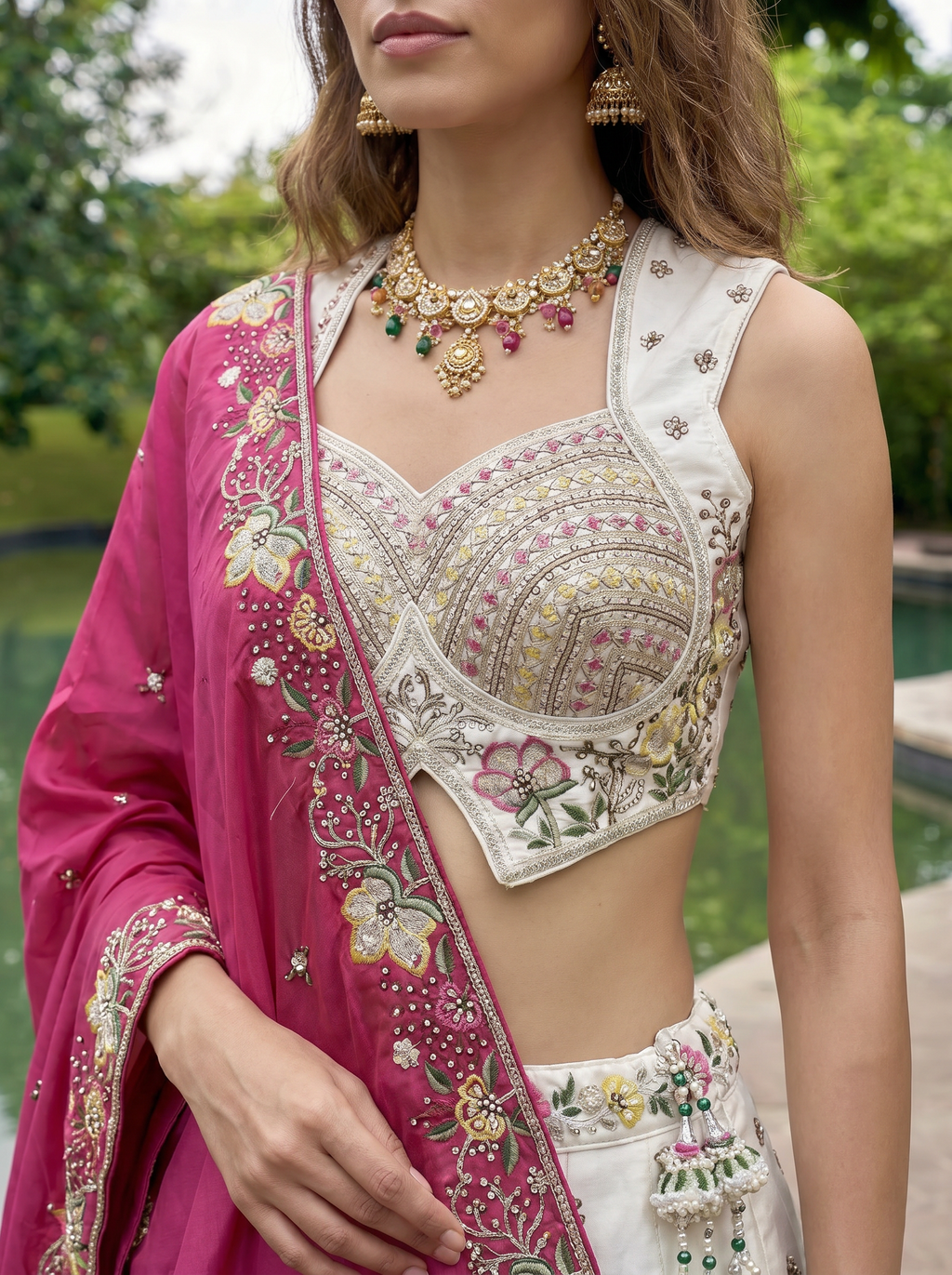 White & Rani Chiffon Lahenga with Sequince Embroidery