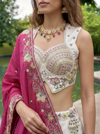 White & Rani Chiffon Lahenga with Sequince Embroidery