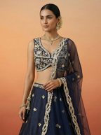Dark Blue Tissue Lahenga with Beads Embriodery