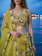 Yellow Tissue Lahenga with Woolen Embroidery