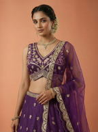 Magenta Chinnon Silk Lahenga With Motif Sequince Embroidery