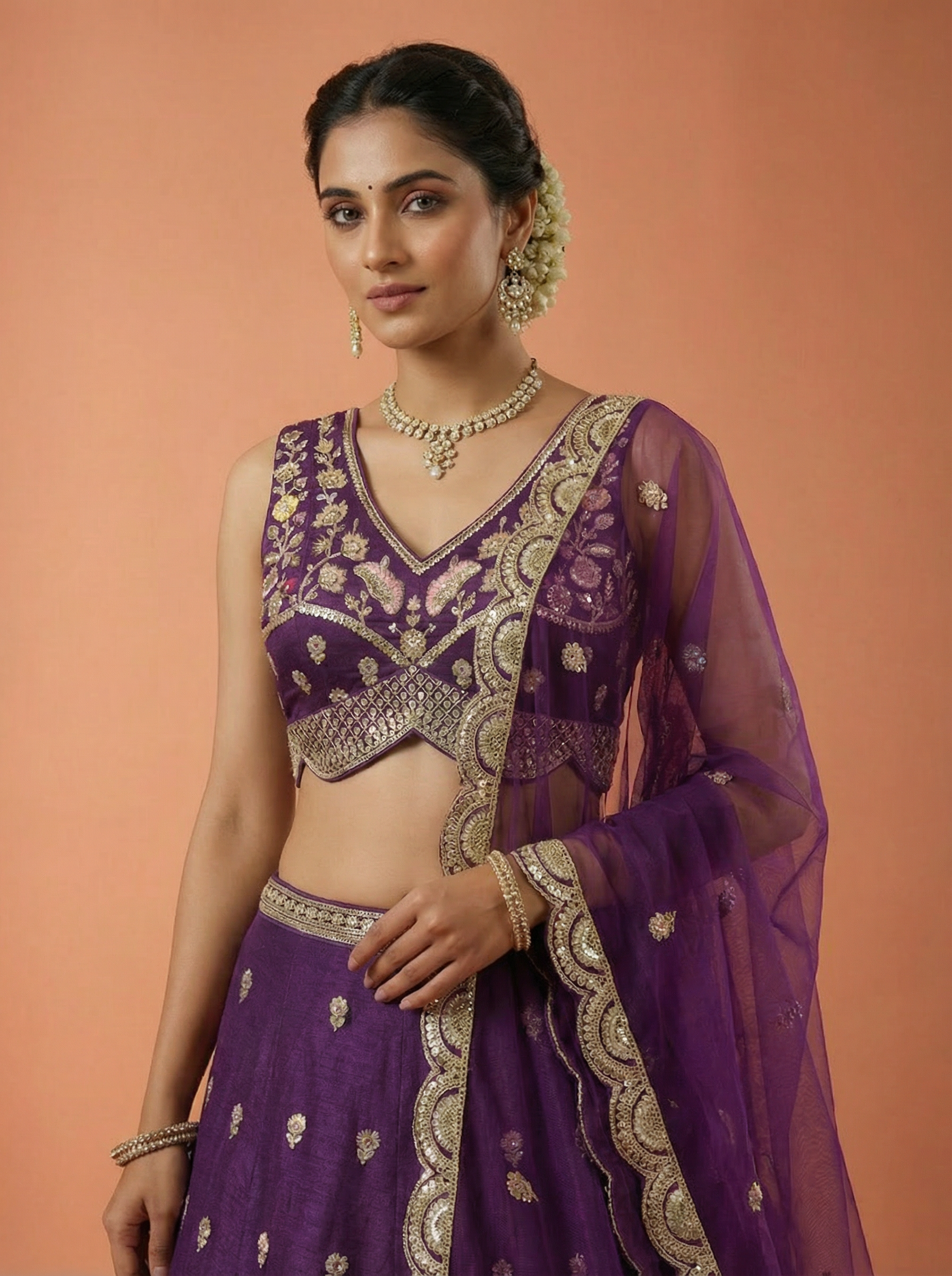 Magenta Chinnon Silk Lahenga With Motif Sequince Embroidery