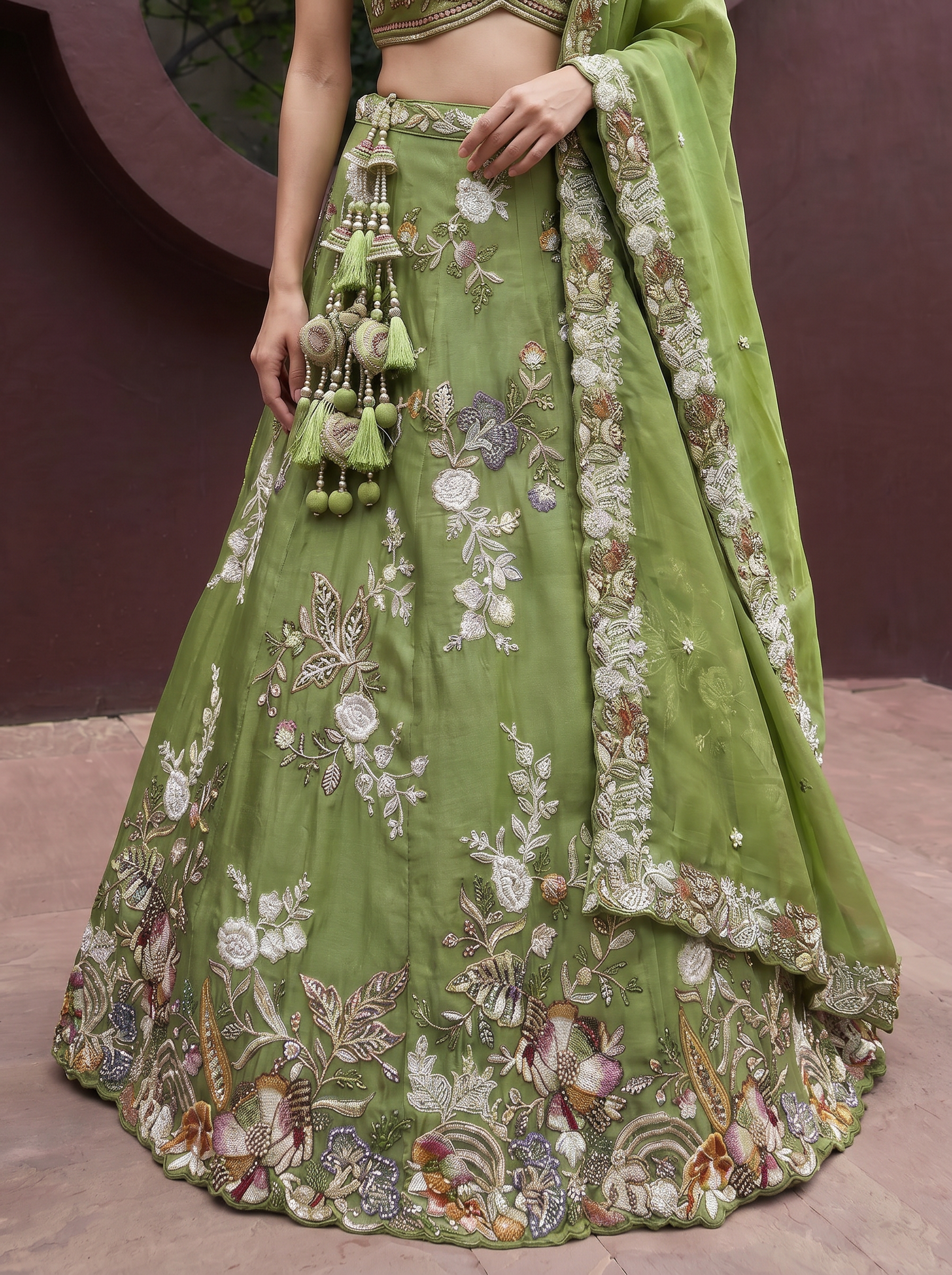 Pista Green Tissue Lahenga with Woolen Embroidery