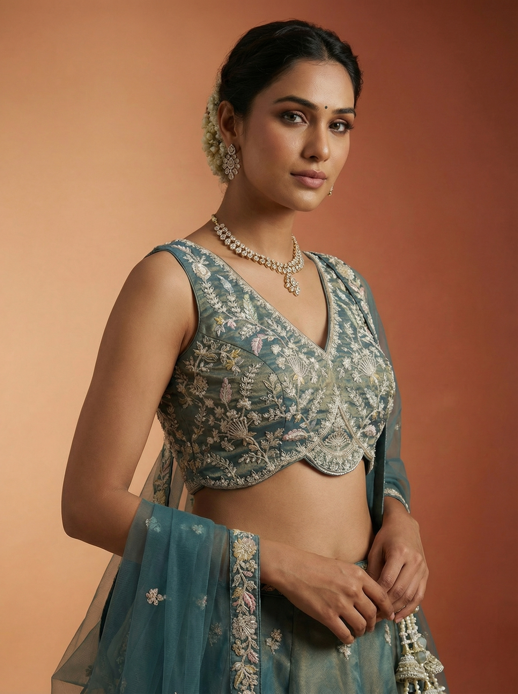 Shade of Teal Tissue Lahenga with Moti Embroidery