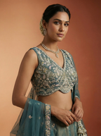 Shade of Teal Tissue Lahenga with Moti Embroidery