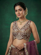 Rust Brown Tissue Lahenga with Moti Embroidery