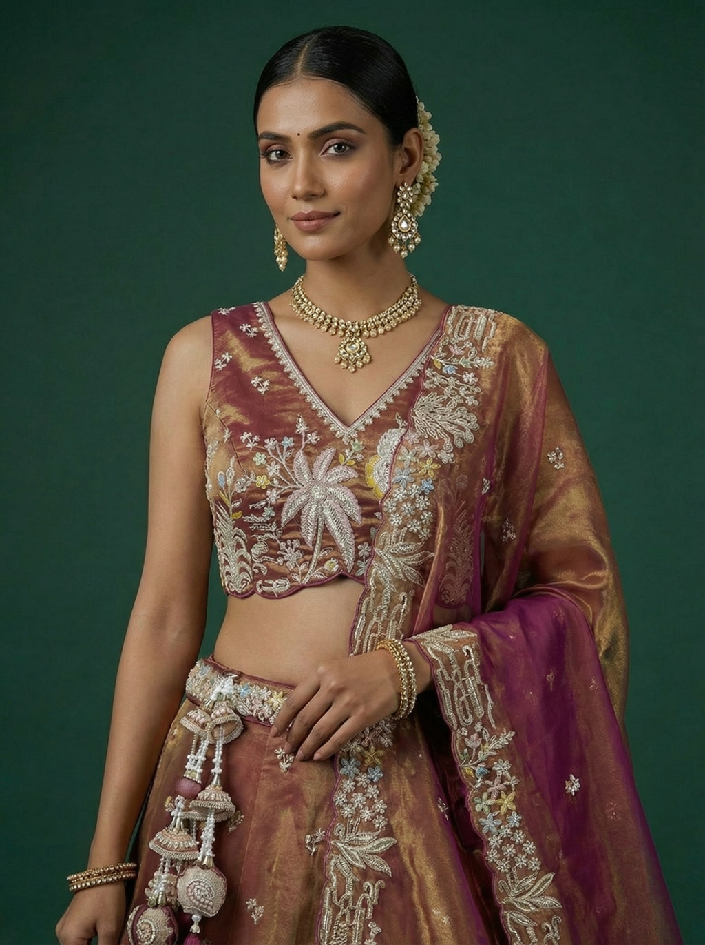 Rust Brown Tissue Lahenga With Moti Embroidery