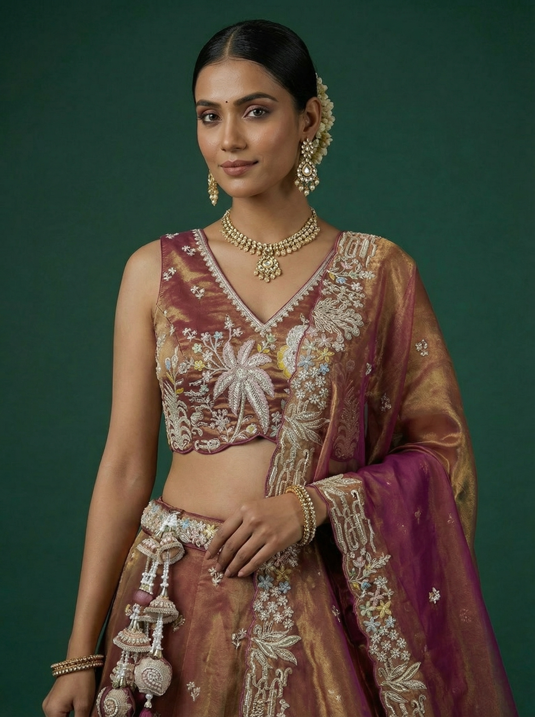 Rust Brown Tissue Lahenga With Moti Embroidery