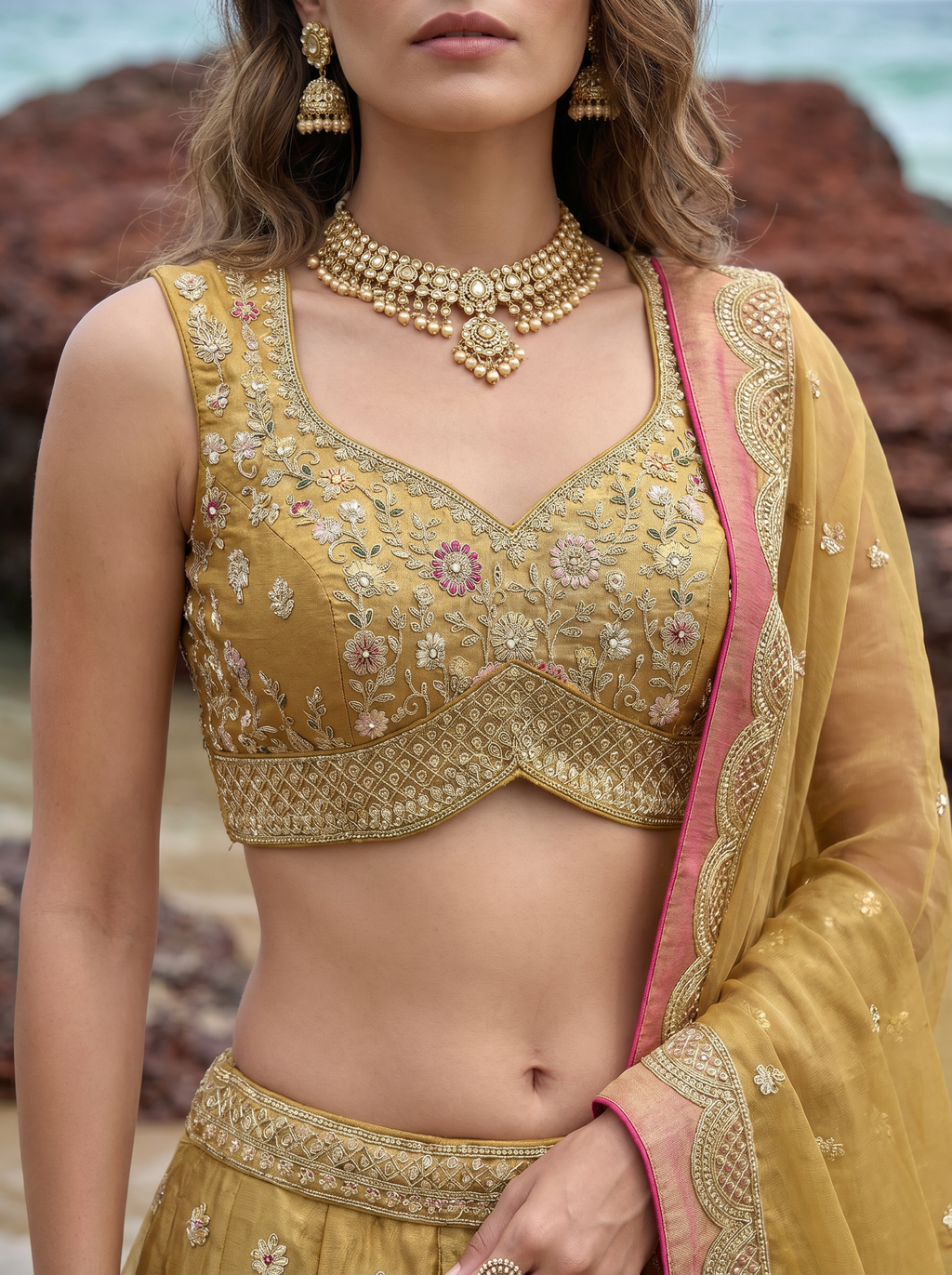 Mustard Tissue Lahenga with Sequince Embroidery