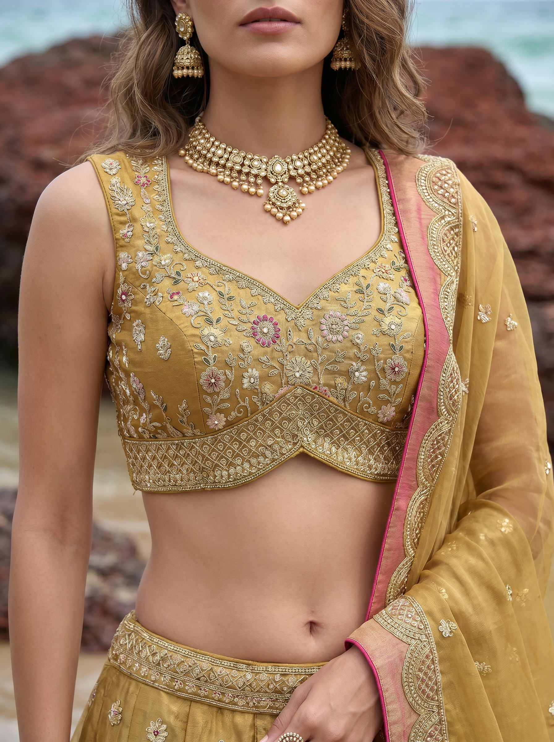 Mustard Tissue Lahenga with Sequince Embroidery