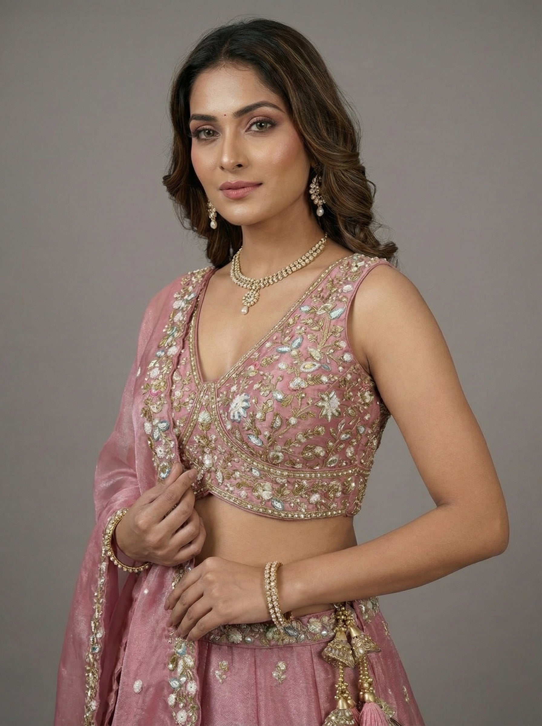 Pink Tissue Lahenga with Sequince Embroidery
