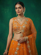 Orange Chinnon Silk Lahenga with Moti Sequince Embroidery