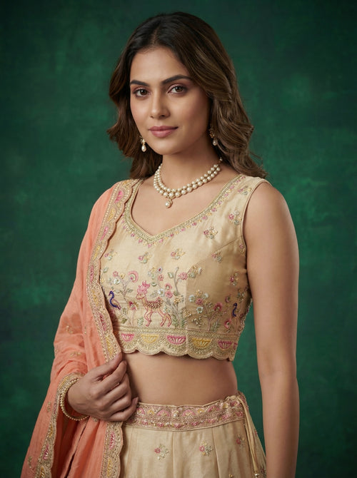Beige Tissue Lahenga with Zarkan Embroidery