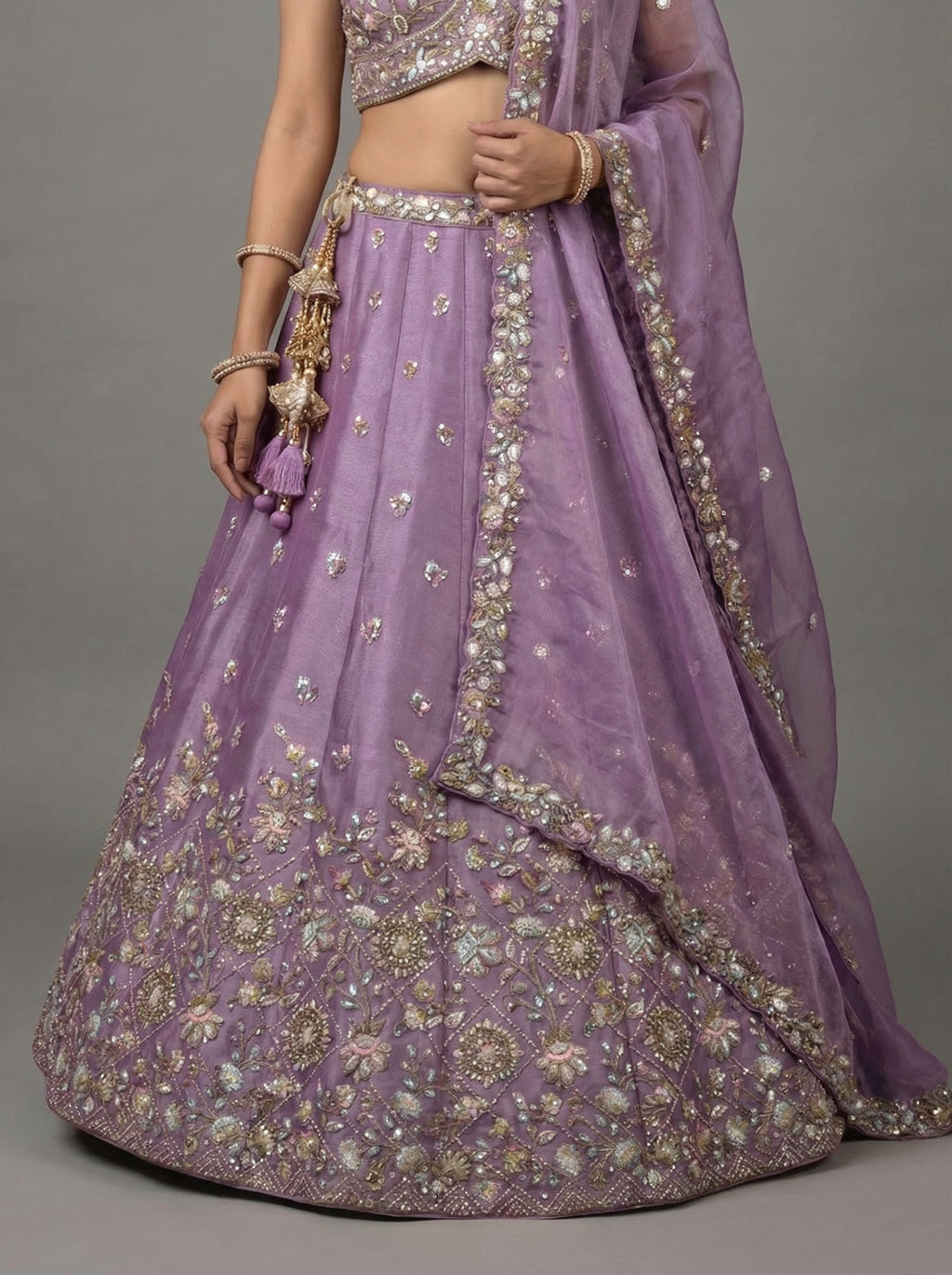 Lavender Tissue Lahenga with Sequince Embroidery