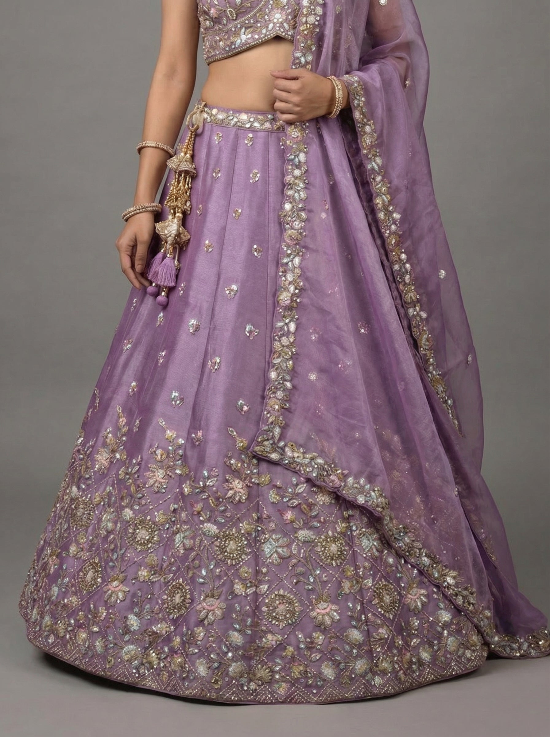 Lavender Tissue Lahenga with Sequince Embroidery