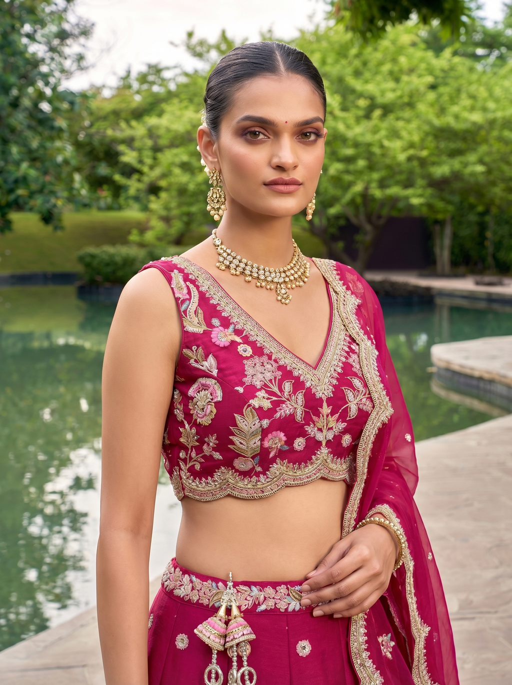 Rose Tissue Lahenga with Mirror Sequince Embroidery