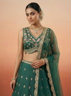Green Chinnon Silk Lahenga with Motif Sequince Embridery