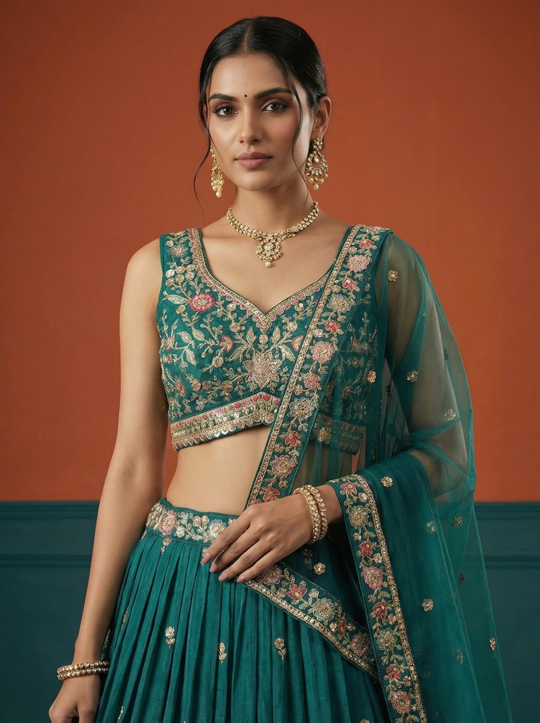 Green Georgette Lahenga with Sequince Embroidery