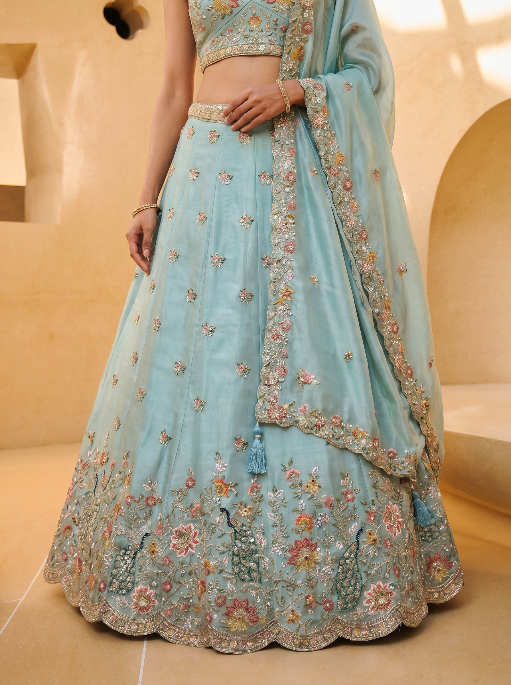 Light Blue Organza Lahenga with Zarkan & Sequince Embroidery
